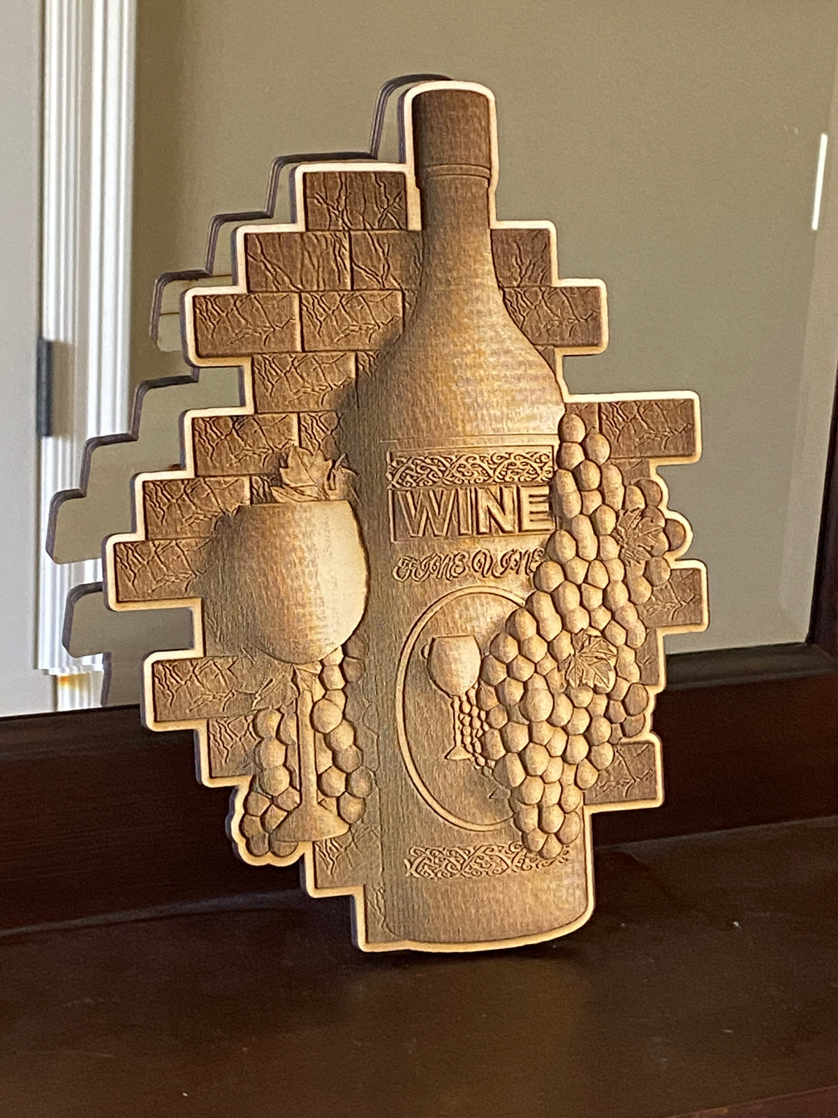 Custom Laser Engraved 3D Wood Sign of a Wine Bottle, Grapes, and Wine Glass