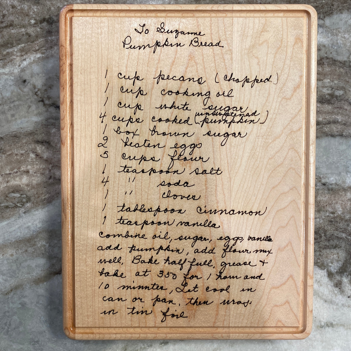 Handwritten recipe in script laser engraved on Light Maple Wood Cutting Board